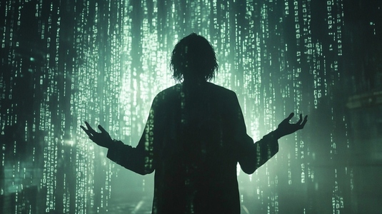 silhouetted figure stands before cascading digital code evoking sense of mystery silhouetted figure stands before cascading digital code evoking sense of mystery