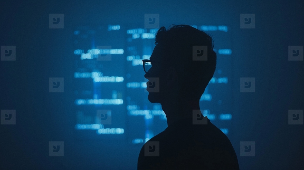 Silhouette of person in front of digital screen creating mysterious atmosphere