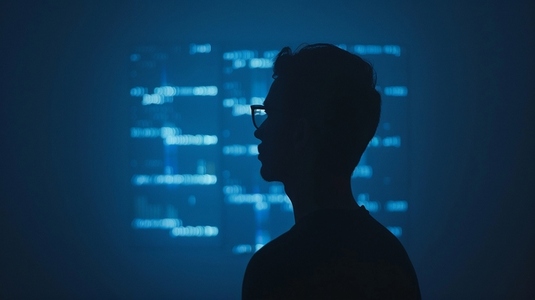Silhouette of person in front of digital screen  creating mysterious atmosphere