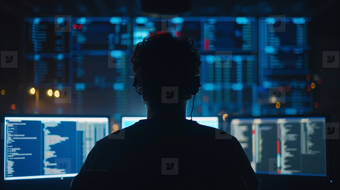 silhouette of hacker in front of multiple computer screens