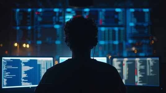 silhouette of hacker in front of multiple computer screens silhouette of hacker in front of multiple computer screens