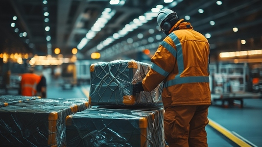 Baggage handler in safety gear organizing luggage at airport terminal