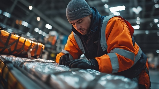 worker in reflective jacket inspects packages in warehouse