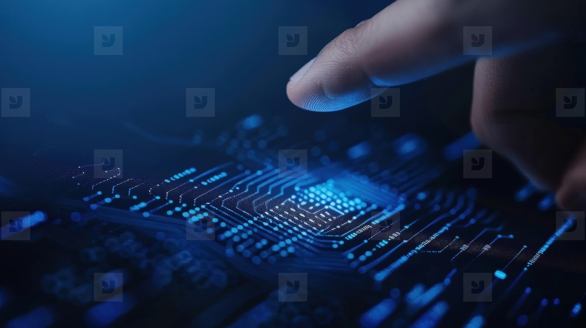 Finger touching glowing digital circuit board symbolizing technology innovation
