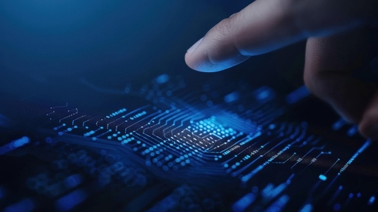 Finger touching glowing digital circuit board symbolizing technology innovation Finger touching glowing digital circuit board symbolizing technology innovation