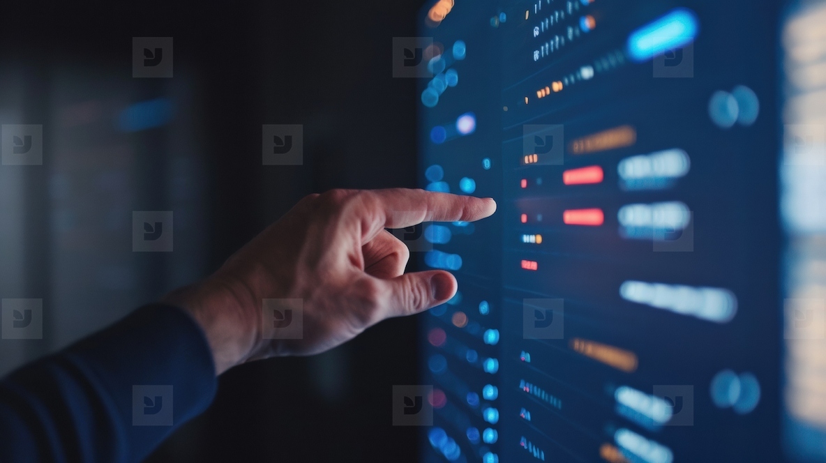 hand interacts with digital interface displaying data and algorithms