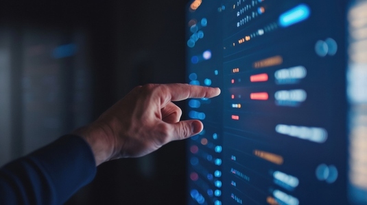 hand interacts with digital interface displaying data and algorithms hand interacts with digital interface displaying data and algorithms
