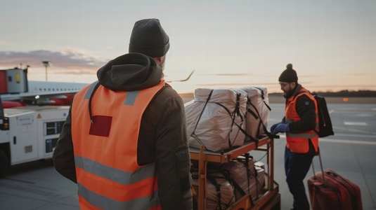 Baggage handlers load suitcases onto cart at sunrise on airport tarmac
