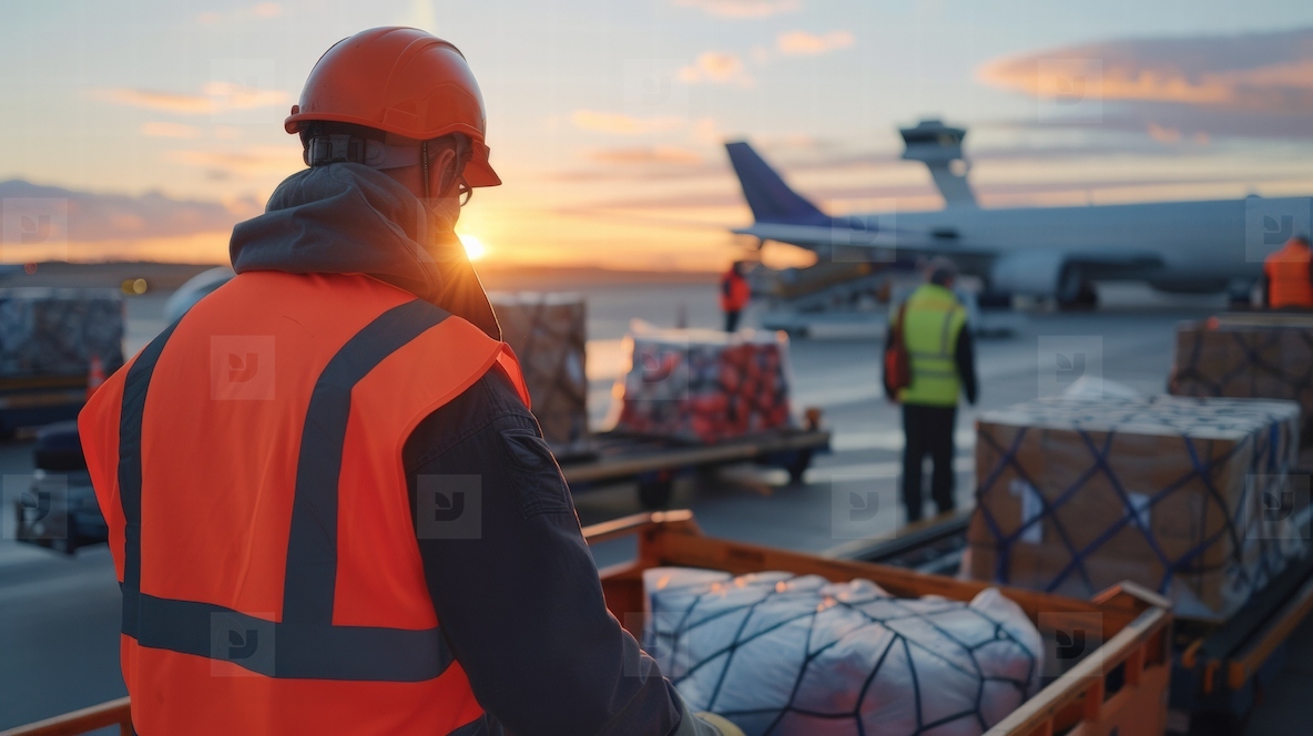 Baggage handlers load suitcases onto airplane at sunset  creating busy scene