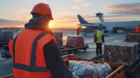 Baggage handlers load suitcases onto airplane at sunset creating busy scene Baggage handlers load suitcases onto airplane at sunset creating busy scene