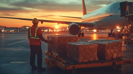 worker moves cargo at sunset near airplane  creating vibrant scene