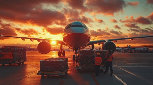 Airplane being loaded with cargo at sunset creating dramatic scene Airplane being loaded with cargo at sunset creating dramatic scene
