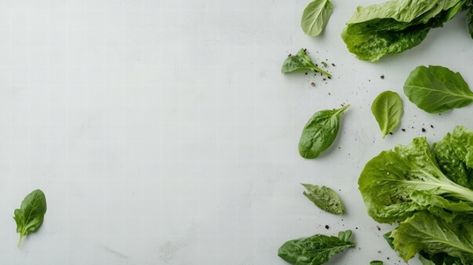 Fresh lettuce and spinach leaves scattered on white background
