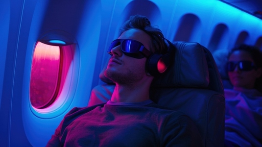 person relaxes on night flight wearing headphones and eye mask
