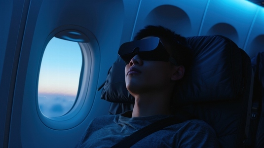 Person relaxing on night flight wearing VR headset  enjoying peaceful journey