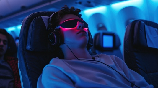 Person relaxing on night flight wearing headphones and glowing glasses