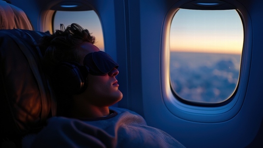 Person sleeping on airplane with eye mask during sunset flight