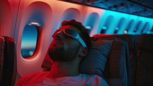 Sleeping passenger on night flight with ambient lighting