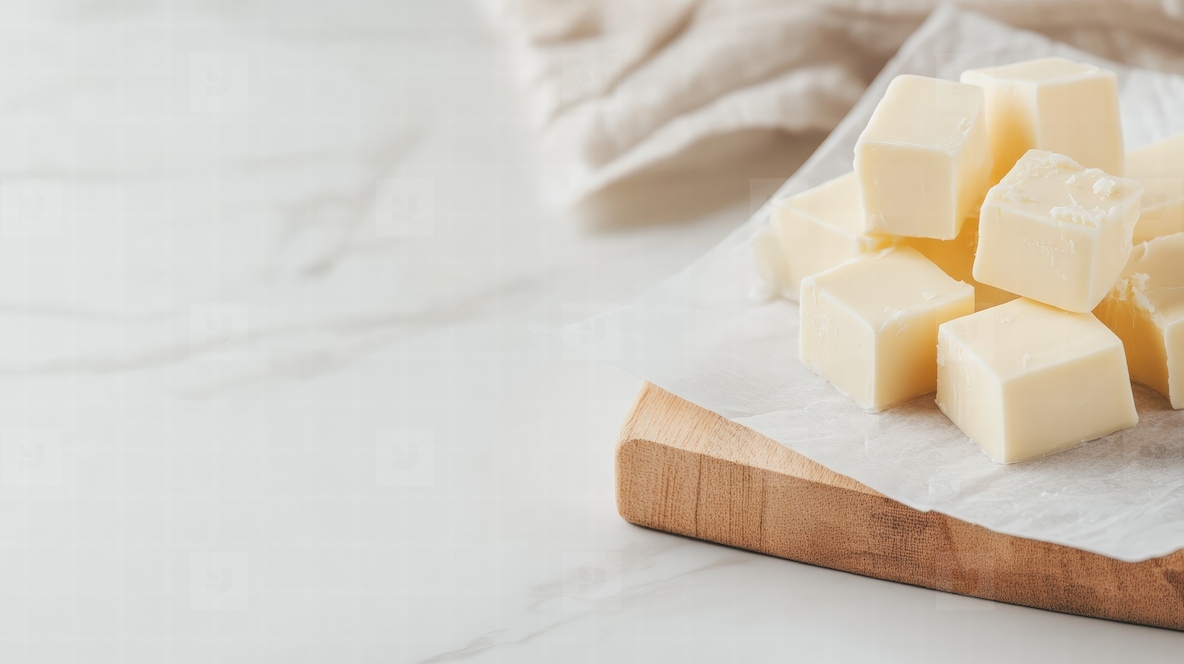 Cubes of butter neatly arranged on wooden board