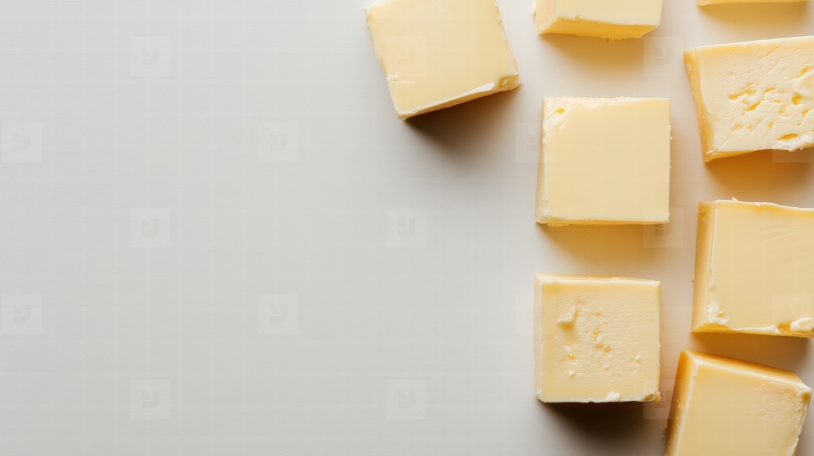 Cubes of butter neatly arranged on white background