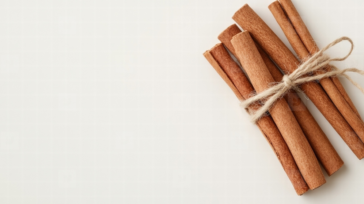 Bundle of cinnamon sticks tied with twine on light background