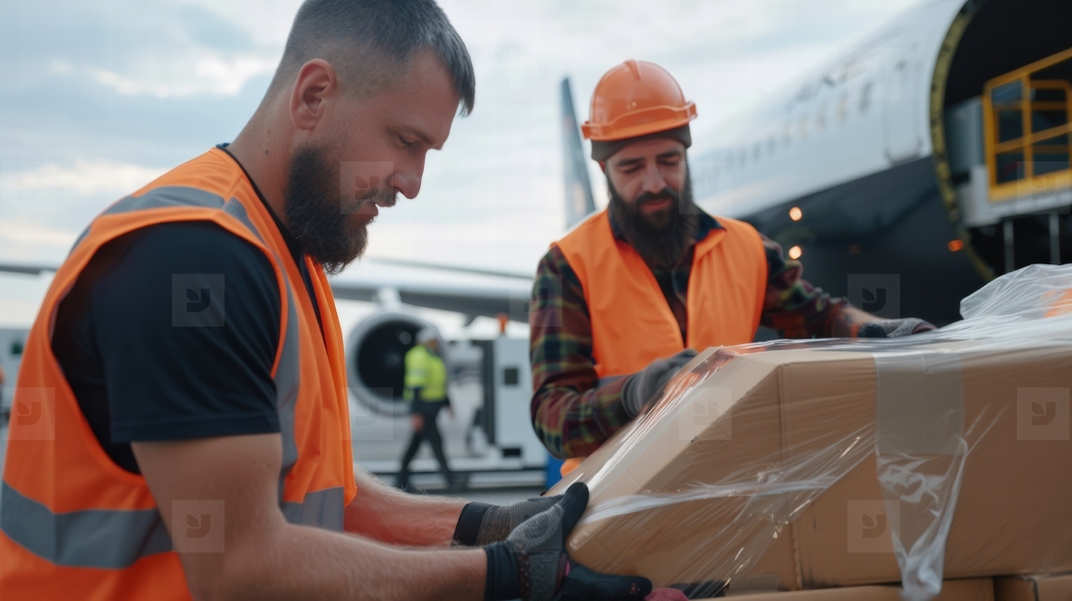 Baggage handlers loading cargo onto airplane with focus and teamwork