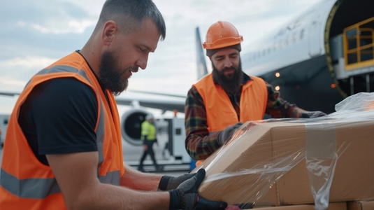 Baggage handlers loading cargo onto airplane with focus and teamwork