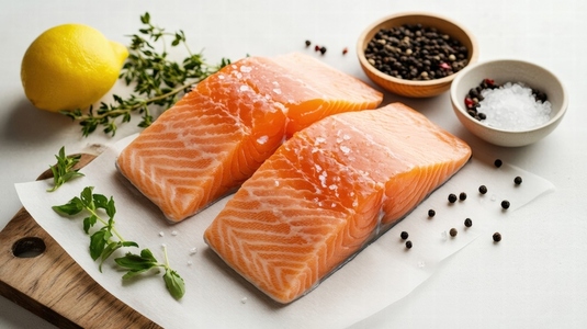 Fresh salmon fillets with herbs  lemon  and spices on cutting board