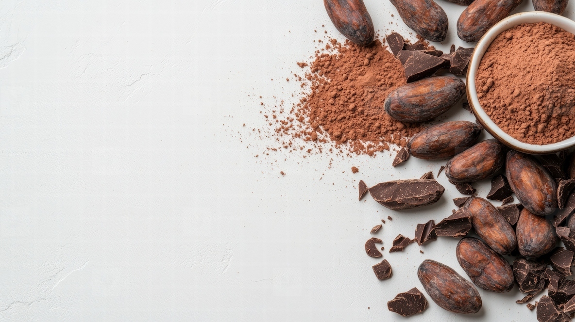 Cocoa beans and powder on white background with chocolate pieces