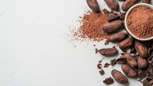 Cocoa beans and powder on white background with chocolate pieces Cocoa beans and powder on white background with chocolate pieces