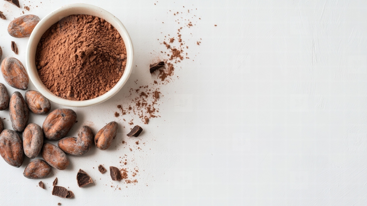 Cocoa beans and powder on white background minimalist composition