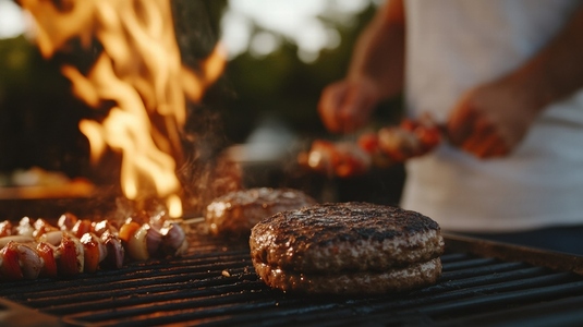 Juicy burgers and skewers sizzle on flaming grill outdoors
