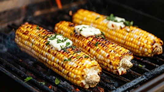 Grilled corn on cob with butter and herbs on barbecue