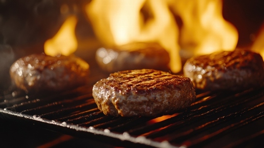 Juicy burgers grilling over open flames  sizzling with flavor