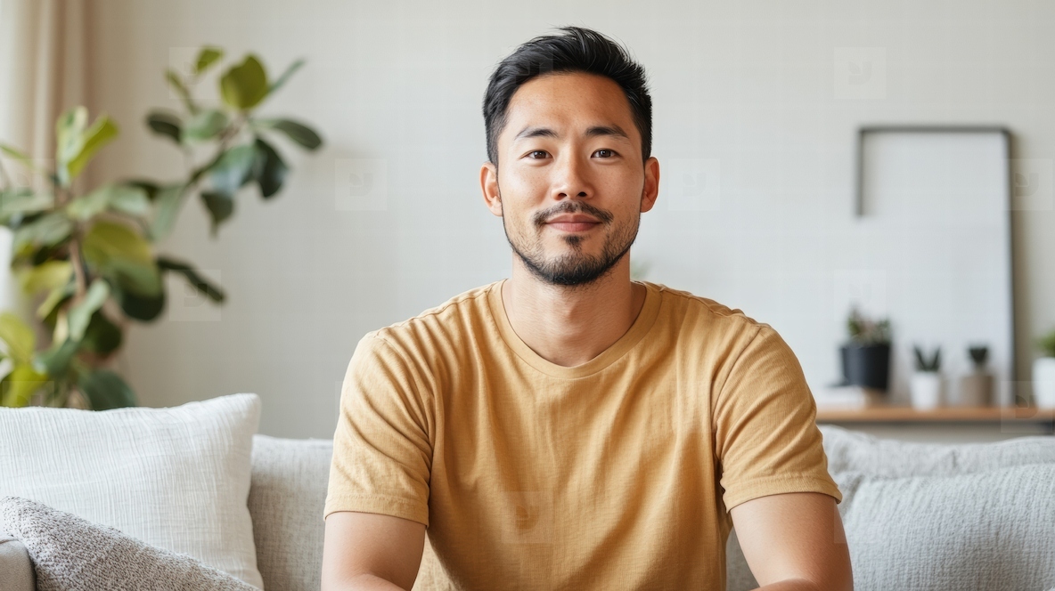 Asian man sitting on sofa in cozy living room  smiling warmly