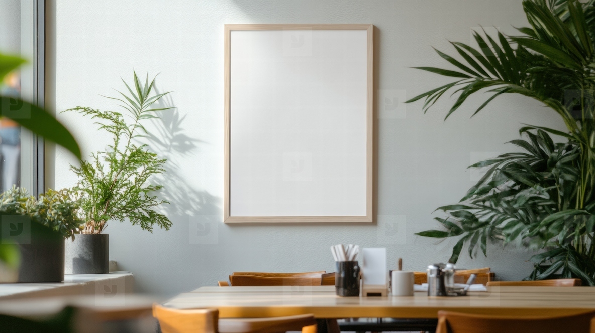 Empty white poster frame on cafe wall with plants and table setting