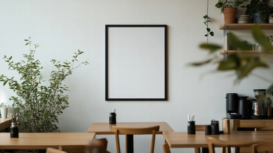 Empty white poster frame on cafe wall with wooden tables