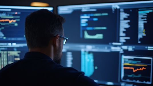 Cybersecurity expert analyzing data on multiple screens Cybersecurity expert analyzing data on multiple screens