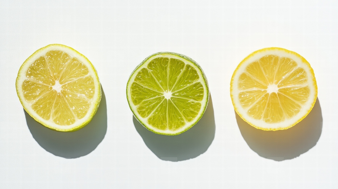 Slices of fresh lemon and lime arranged in row