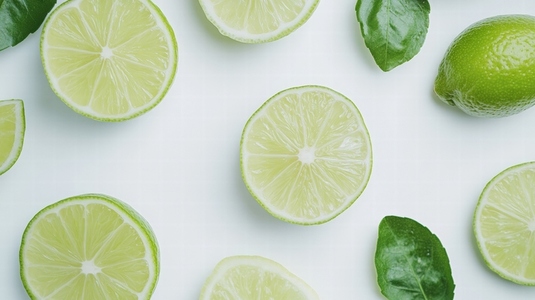 Slices of fresh lime and green leaves on white background