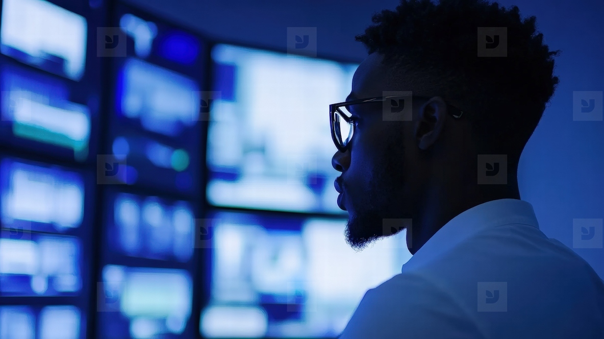 security guard attentively monitors multiple surveillance screens