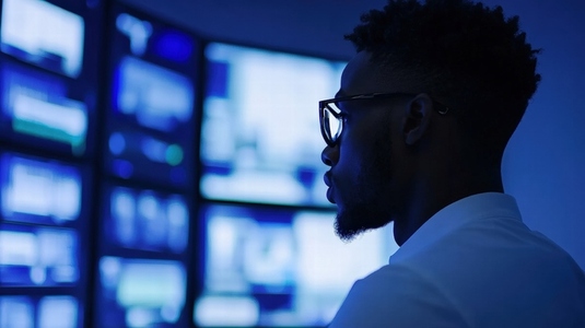 security guard attentively monitors multiple surveillance screens