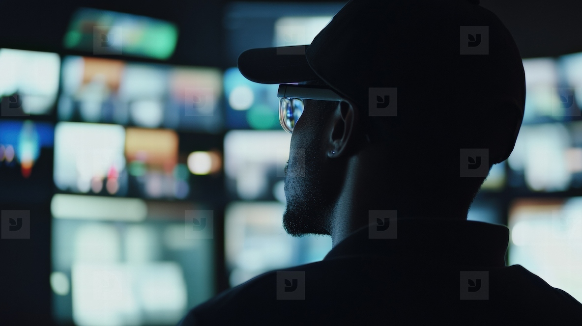 security guard monitors multiple surveillance screens attentively