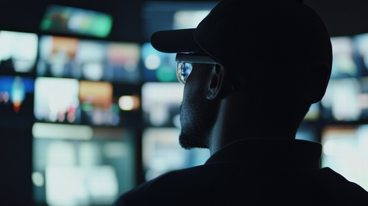 security guard monitors multiple surveillance screens attentively security guard monitors multiple surveillance screens attentively