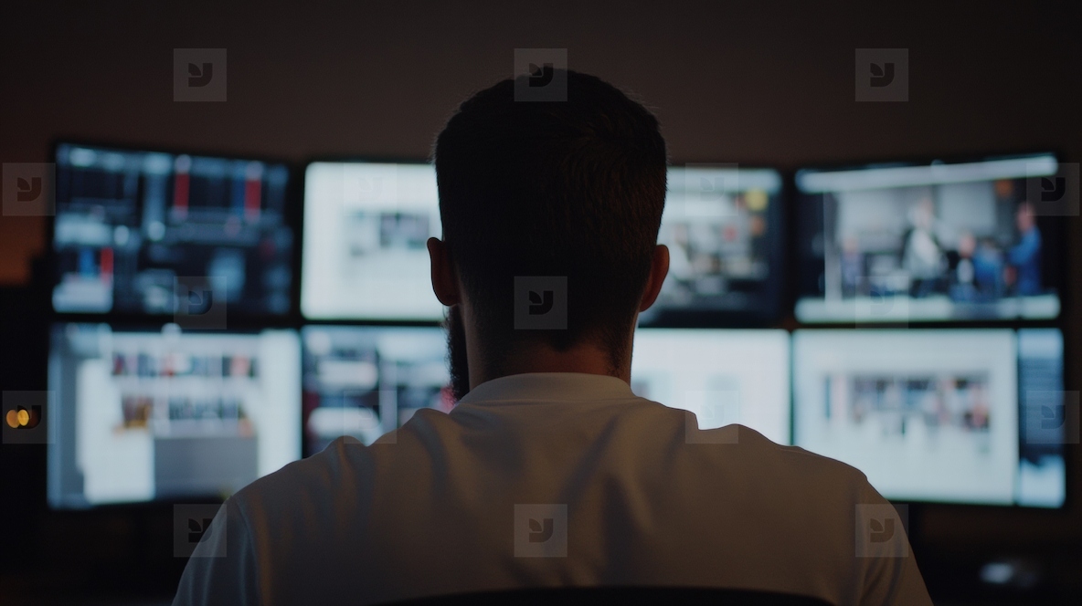 Security guard monitoring multiple screens in dimly lit room
