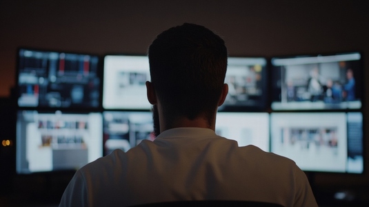 Security guard monitoring multiple screens in dimly lit room