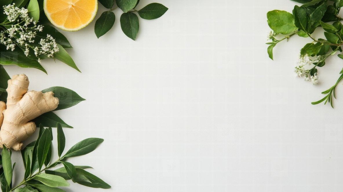 Fresh ginger root and citrus with green leaves on white background