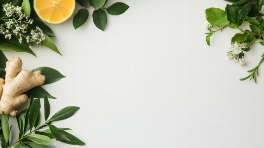 Fresh ginger root and citrus with green leaves on white background Fresh ginger root and citrus with green leaves on white background