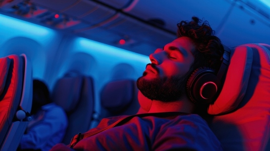passenger sleeps peacefully on airplane  wearing headphones