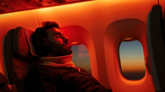 passenger sleeps peacefully on airplane during sunset